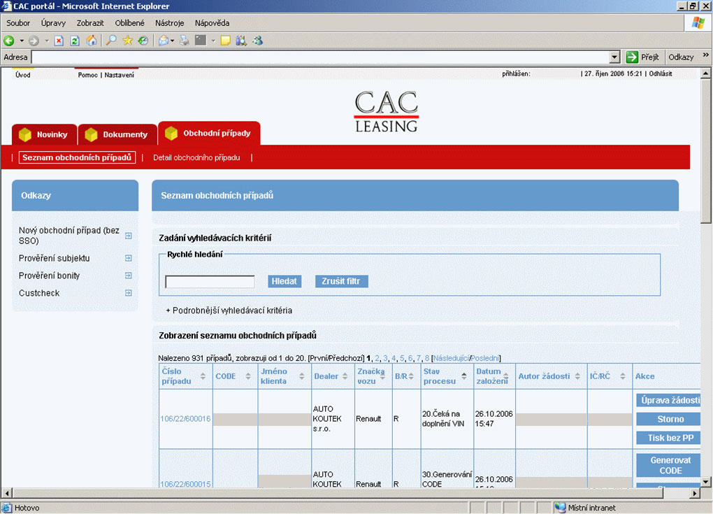CAC LEASING – nasazení portálu s aplikací pro zpracování obchodních případů