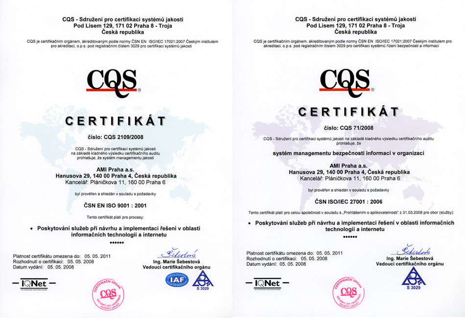 Získali jsme certifikáty ISO 9001 a ISO 27001